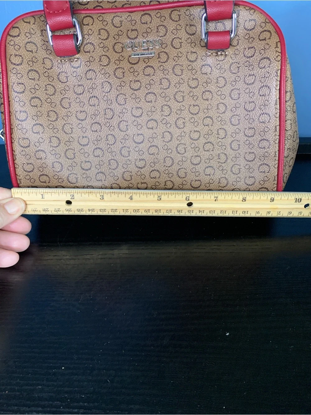 Guess Brown Monogram Satchel with Red Trim and Strap